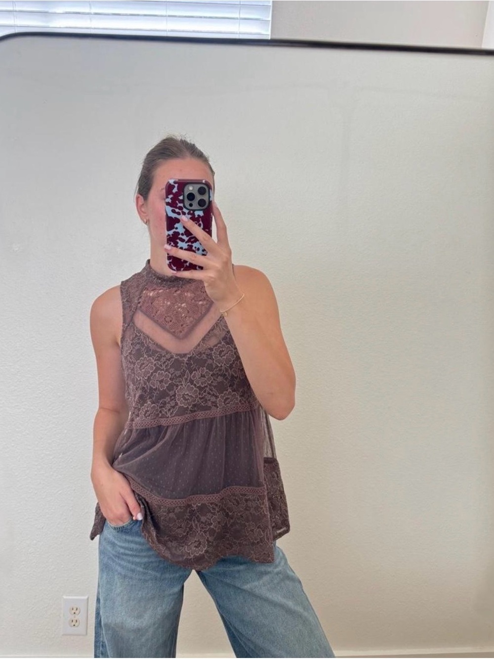 Brown Lace Babydoll High Neck Tank Top M